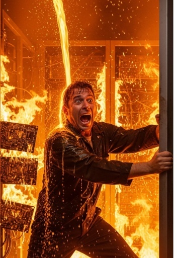 The operator screamedhoarse, primalas he flung open the steel door, only to be met by a fiery torrent crashing down on him like molten rain