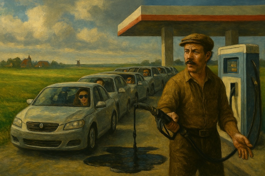 В центре этой абсурдной сценки стоял автозаправщик с выразительными усами, выронив заправочный шланг, из которого тяжело стекала масляная жидкость