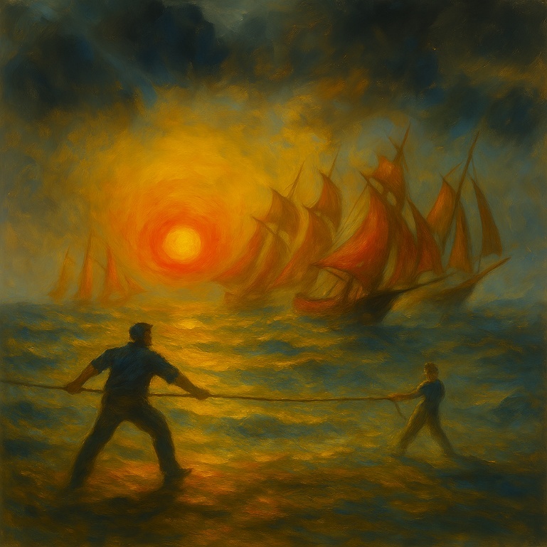 Над головой нависали тяжелые облака, готовые излиться на ту часть моря, которую проигравшие еще не успели преодолеть