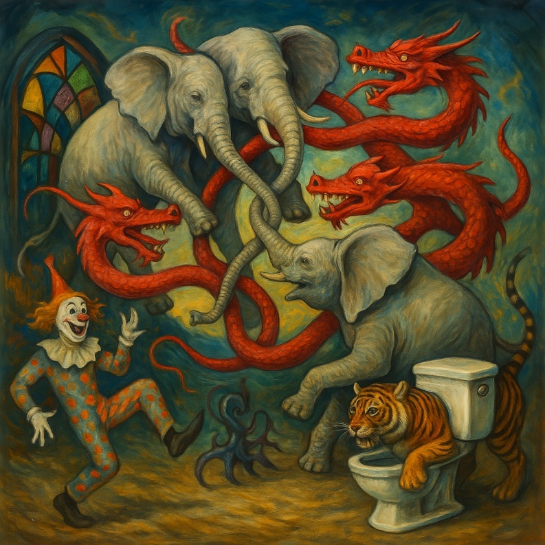 Пространство картин искривлялось: изящные витражи подсознания, извивающиеся клоуны, тигры в боевых позах возле унитаза образы, родившиеся в снах и снабжённые анатомией бреда