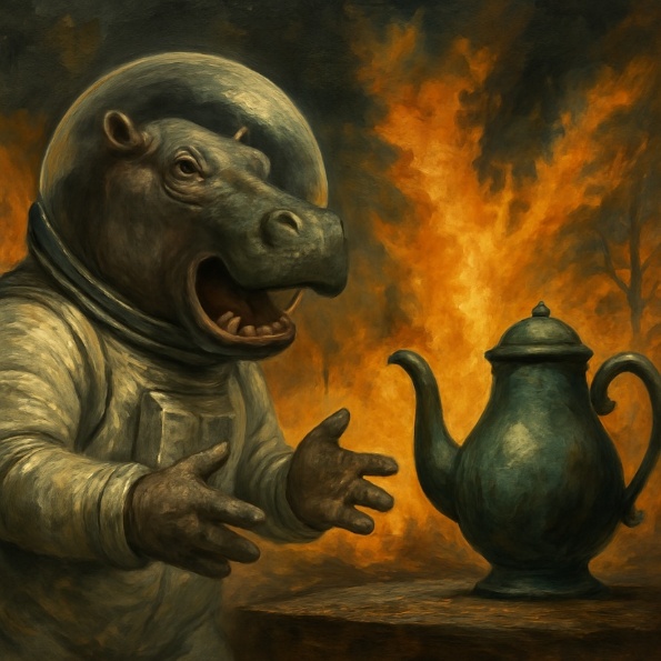 О! Вот здесь отражение моих размышлений о свободной воле, сказала она, указывая на картину, на которой гиппопотам в скафандре спорил с чайником на фоне взрывающегося леса